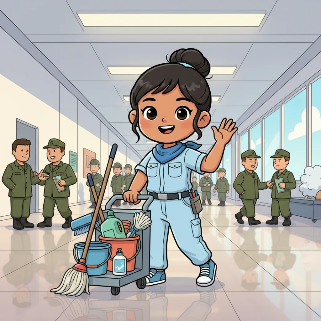 With her caring nature, Cherie finds a fulfilling new role as a cleaning operator in the military, ensuring everything is spotless and safe. She confidently navigates a large, bustling facility, her uniform neat and her smile bright. Her work helps others thrive.