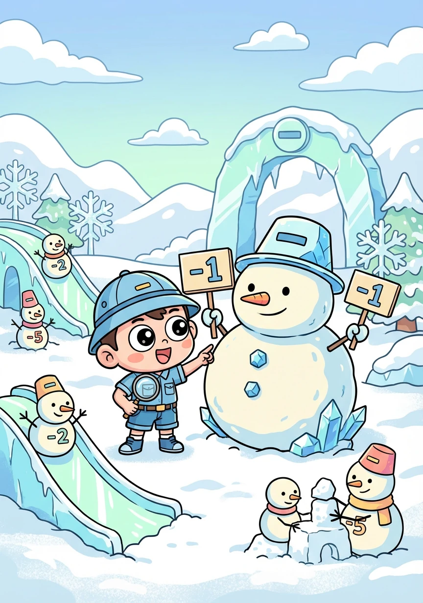 他们来到一个冰雪覆盖的“负数王国”，这里住着“负数雪人”，雪人说负数代表着比零还小的数。