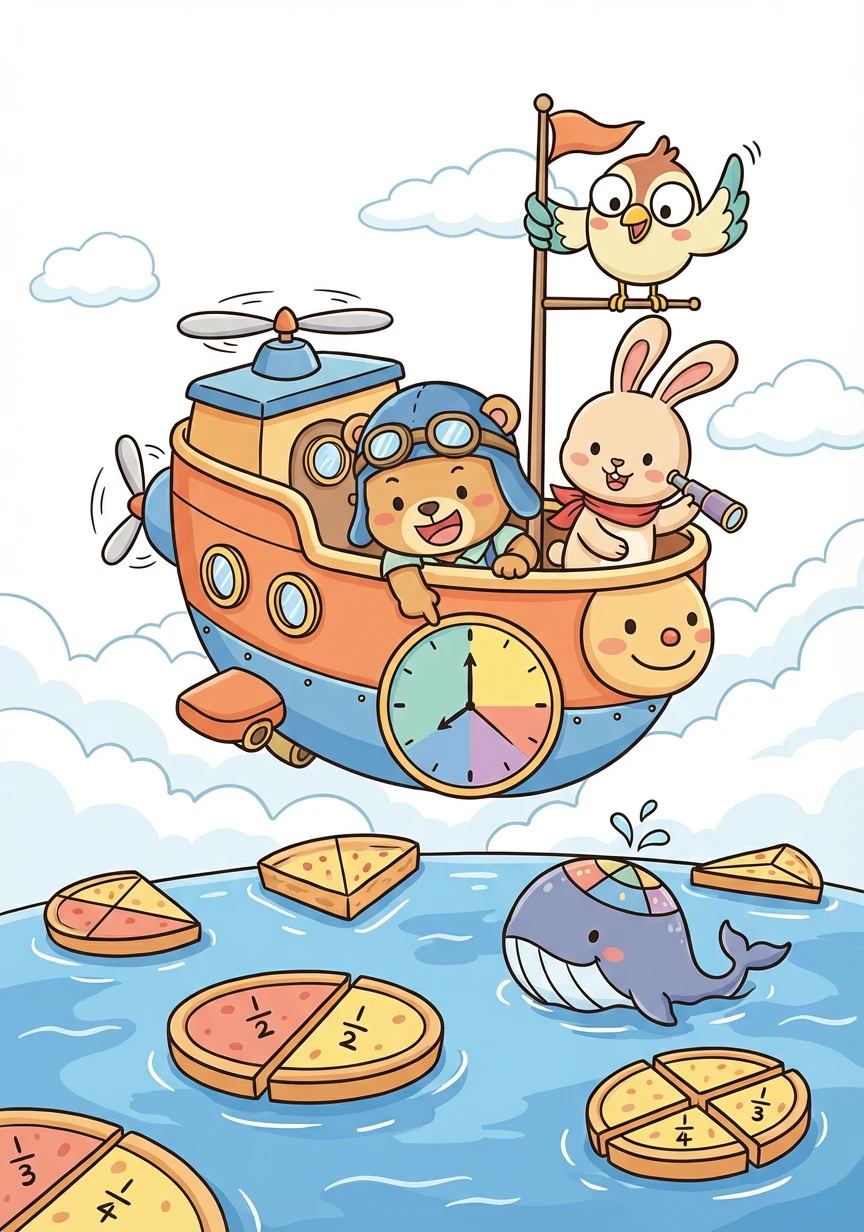 小奇探和他的朋友们乘坐“分数飞艇”飞过一片分数海洋，学习如何将一个整体分成不同的部分。