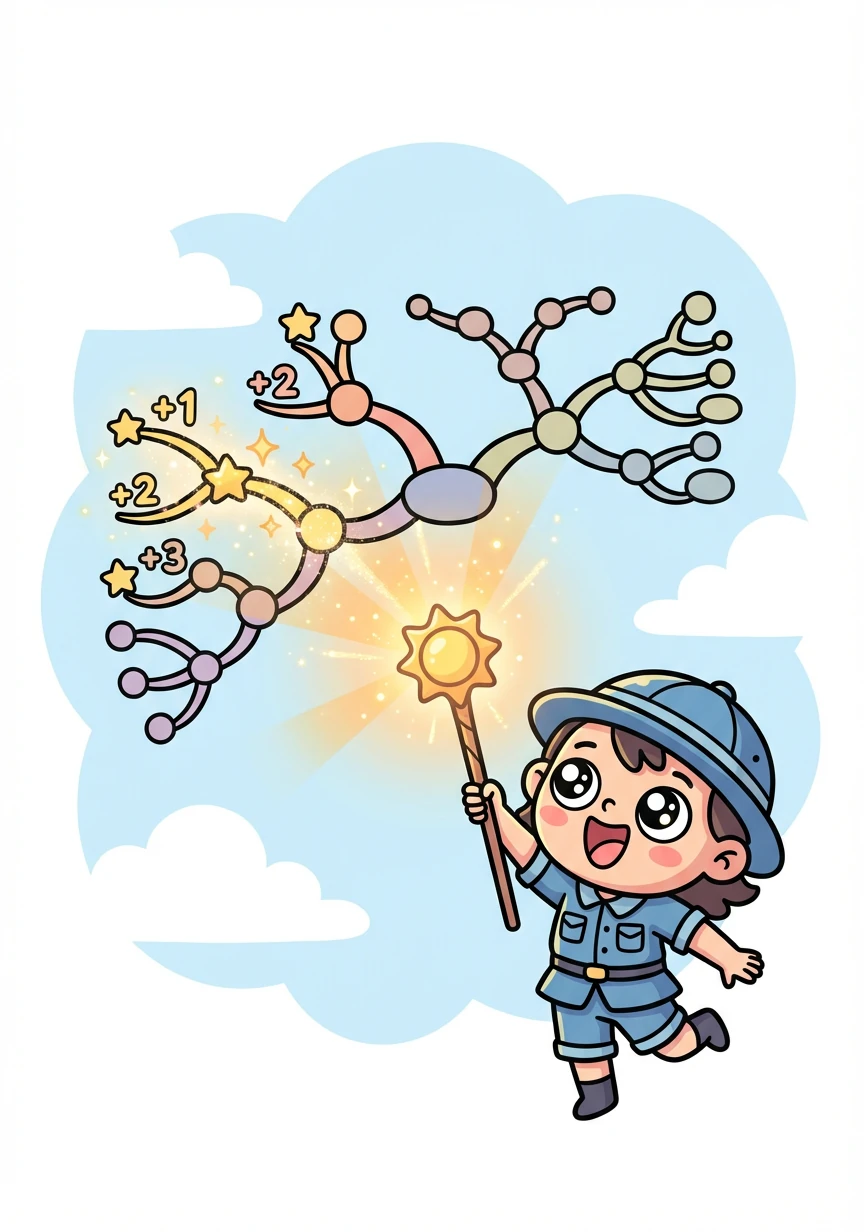 他用正数精灵的阳光能量，照亮了思维导图的正数部分，让它闪闪发光。