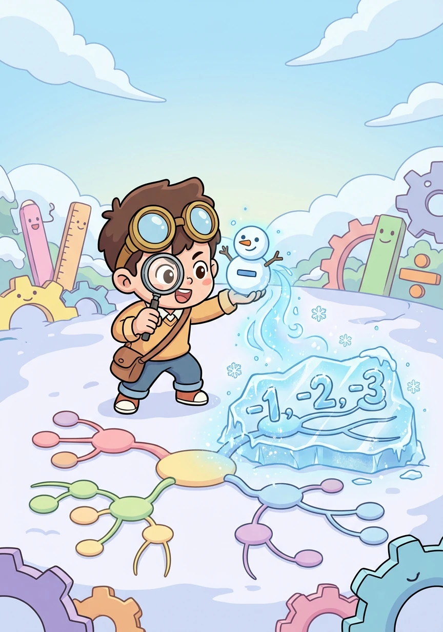 他用负数雪人的冰雪魔法，冻结了思维导图的负数部分，让它清晰可见。