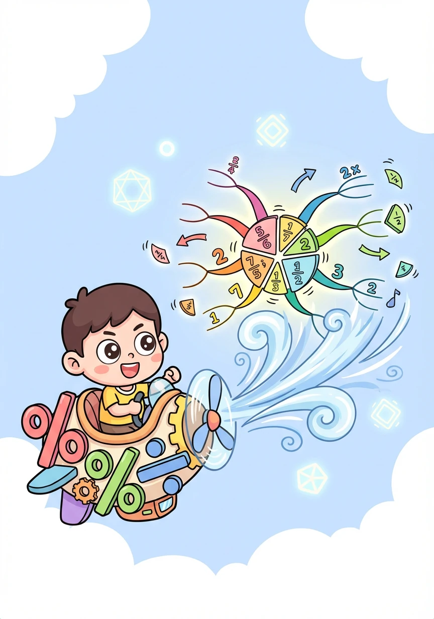 他用分数飞艇的风力，吹动思维导图的分数部分，让它充满活力。