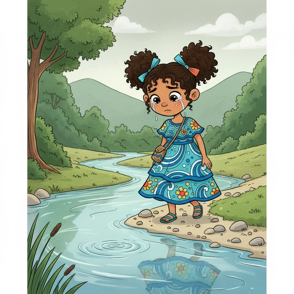 Lena, una niña con el cabello castaño recogido en dos coletas, caminaba por la orilla del río, con la mirada baja. Se sentía frustrada porque nunca lograba ser la mejor en todo, siempre luchando por encajar en un molde que la hacía sentirse torpe. Las lágrimas caían silenciosamente sobre la superficie del agua, reflejando su tristeza.