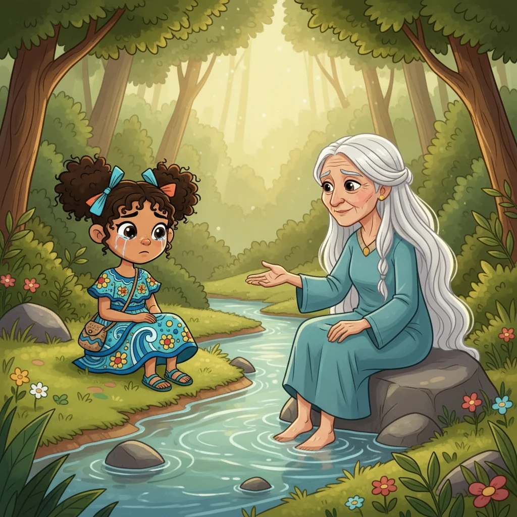 Una anciana de largos cabellos blancos, sentada en una roca, observaba a Lena con compasión. Sus pies, arrugados por el tiempo, se sumergían en la corriente. Con una voz suave, la anciana preguntó a Lena por qué lloraba, ofreciéndole su sabiduría y serenidad.