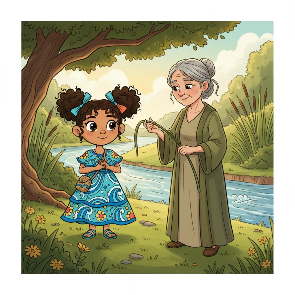 La anciana, con una sonrisa enigmática, invitó a Lena a convertirse en aprendiz del río. La primera lección fue con un junco, que le enseñó sobre la fortaleza flexible, doblando su cuerpo con el viento sin romperse. Lena observó atenta la lección.