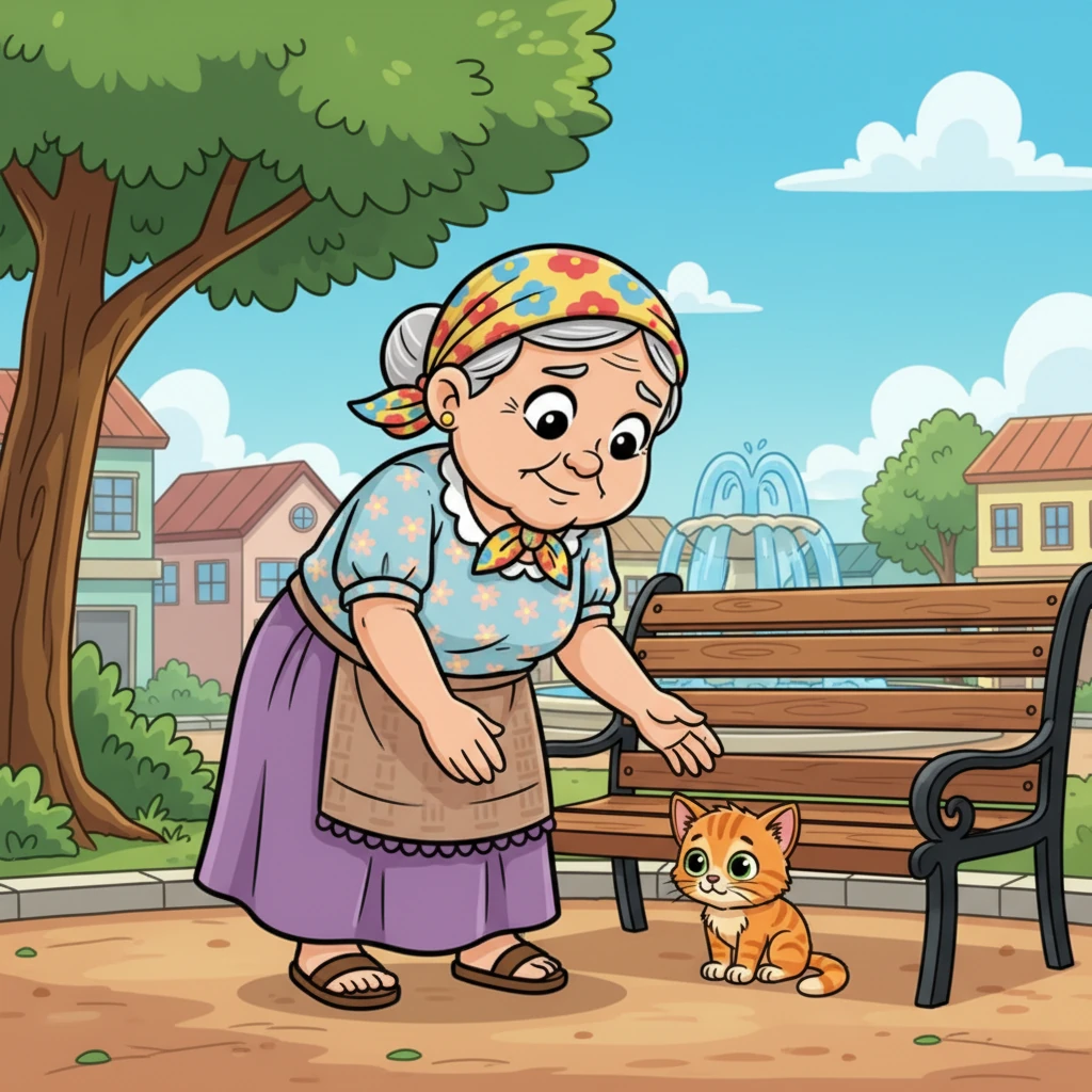 Si Aling Marta, isang masayahing matanda, ay naglalakad sa plasa sa ilalim ng sikat ng araw. Bigla niyang nakita ang isang maliit na kuting na nanginginig sa ilalim ng isang bangko, tila nawawala at nag-iisa. Ang kuting ay may malalaking, nagtatakang mga mata at malambot na balahibo.