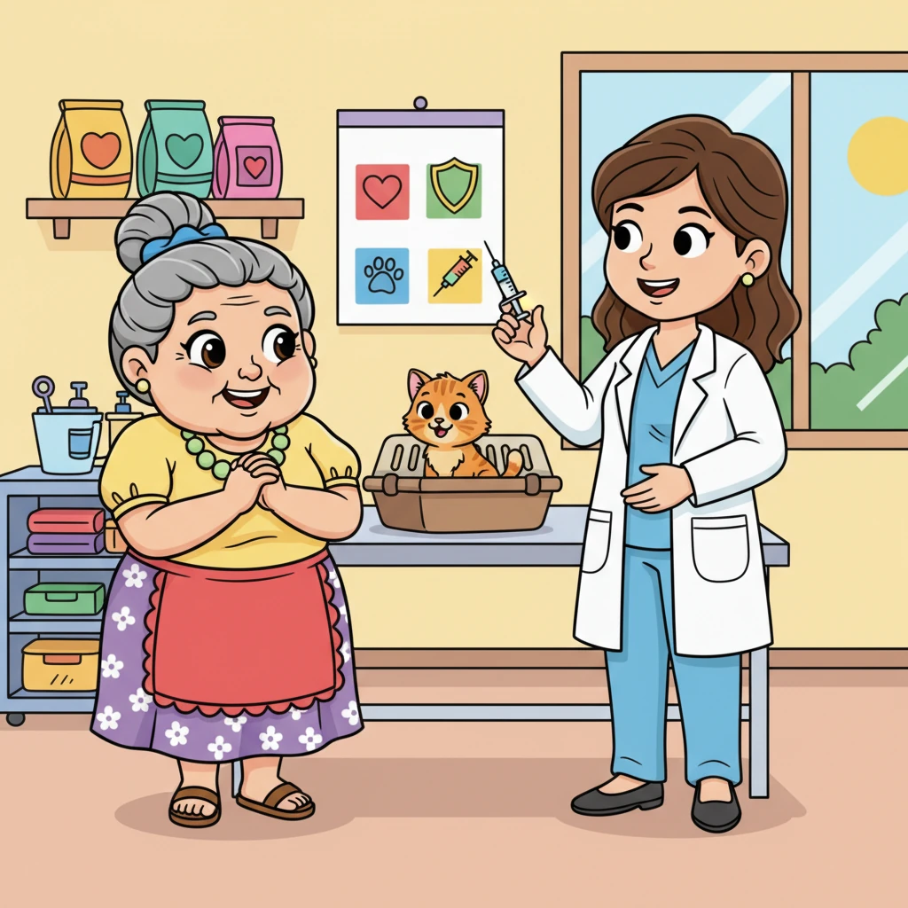 Nakipag-usap si Aling Marta sa beterinaryo at nagtanong kung maaari niyang alagaan ang kuting. Masaya naman siyang pinayagan, ngunit ipinaliwanag ng beterinaryo ang mga kailangan para sa kalusugan ng kuting, kabilang ang pagsusuri at bakuna.