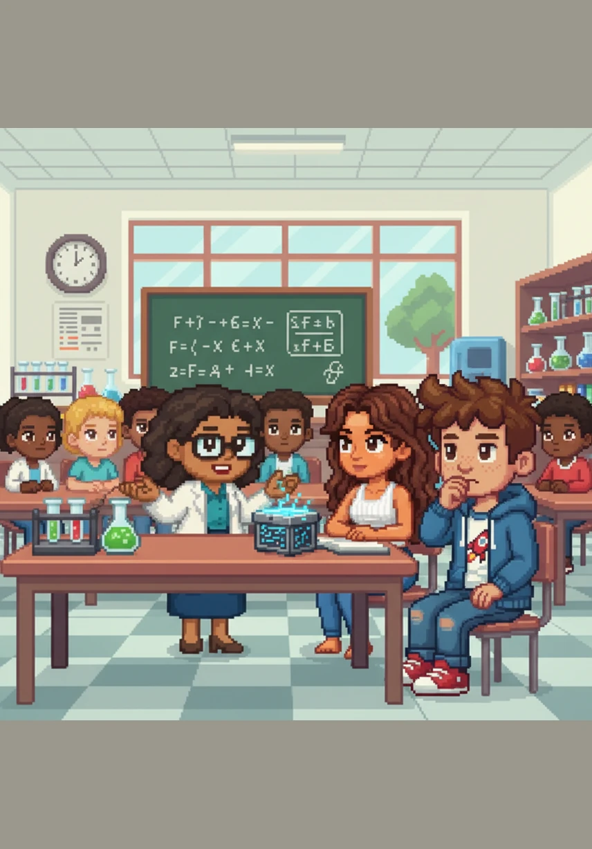 In a bright science laboratory, Professor Helena stands before her students with a mysterious metal box. Rafa, a curious but skeptical boy, sighs as he asks why they need to study atoms if they are too small to ever be seen.