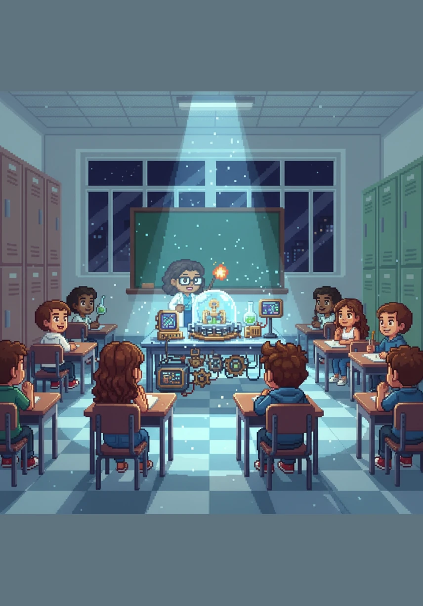 The classroom is suddenly bathed in a brilliant blue light as Professor Helena activates her experimental microscopic simulator. The students watch in awe as the walls and desks begin to grow to a gargantuan size, signaling that they are shrinking into a tiny world.