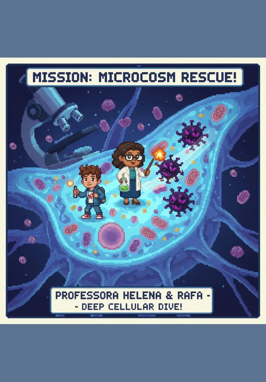 The children land in a strange, glowing landscape filled with floating spheres of light and vibrant energy. A cheerful little atom named Zig bounces toward them with a friendly smile, welcoming the visitors to the microscopic realm of matter.