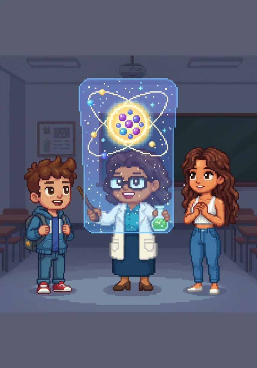 Zig shows the children a shimmering projection of his own internal structure to explain how he works. He points to the bright nucleus at his center where protons and neutrons live, while tiny electrons zip around the outside like racing cars in a cosmic track.