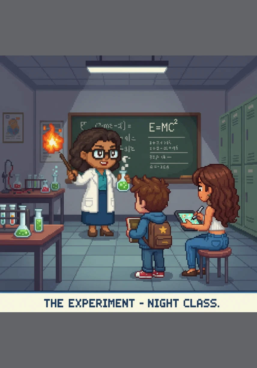 A series of glowing holograms appear in the air, showing the history of how humans first imagined the atom. The first hologram displays John Dalton’s model, a simple and solid sphere that represents the very first step in atomic science.