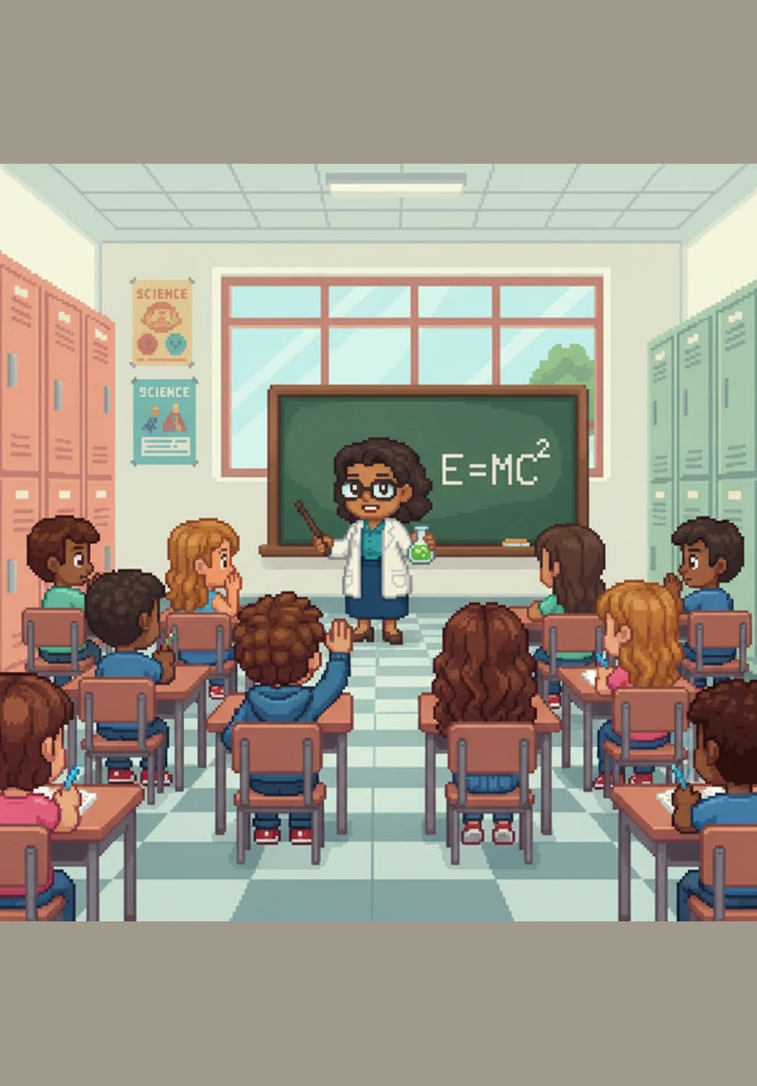 The next hologram displays J.J. Thomson’s plum pudding model, showing a sphere filled with scattered electrons. The students laugh at the funny name while learning how scientists discovered the existence of negative charges within the atom.