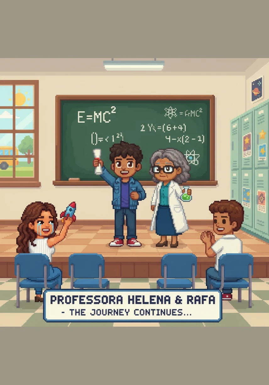 As the journey concludes, the children learn about atomic mass by observing the particles packed tightly within the nucleus. They look out over the vast, sparkling universe of atoms, finally understanding that these tiny building blocks are the foundation of everything they see and touch.