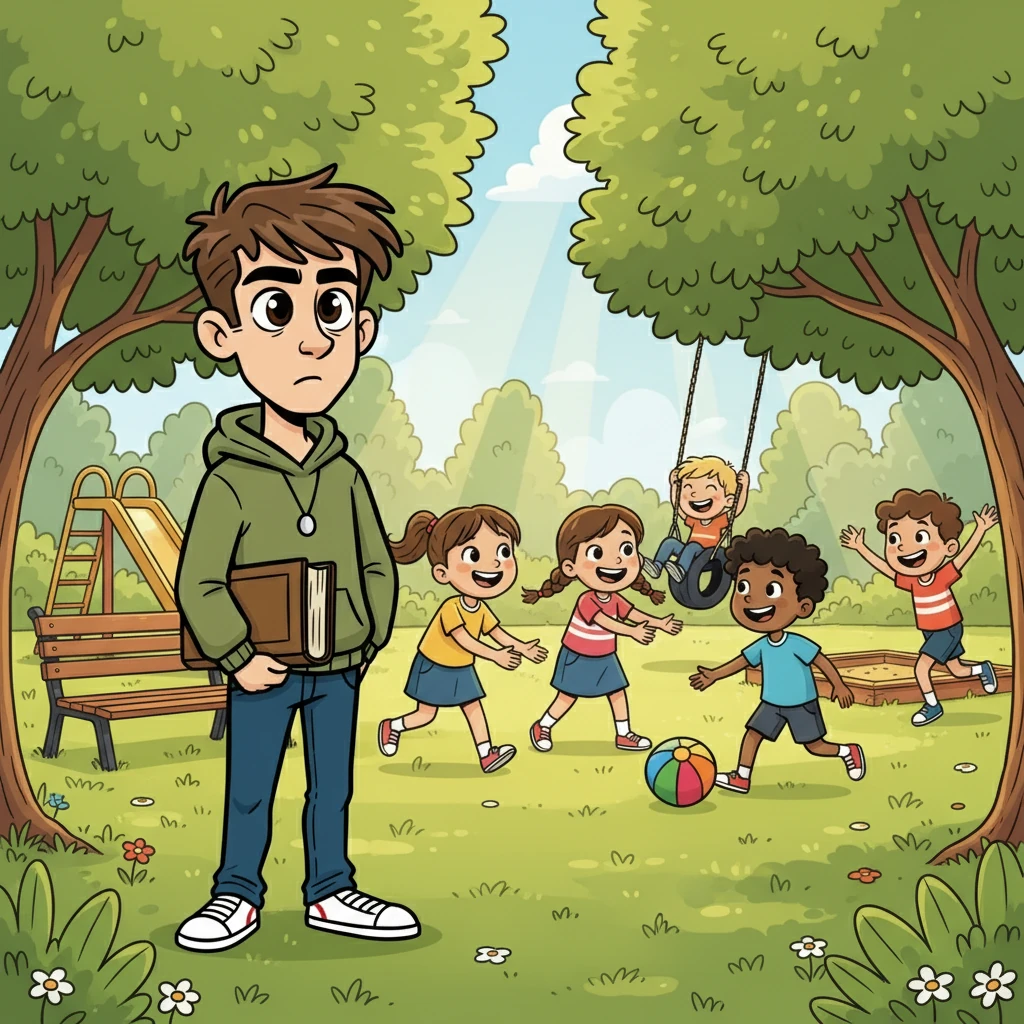 Em um parque ensolarado, Hilário e Amigo encontraram um grupo de crianças brincando. Inicialmente hesitante, Hilário foi convidado a participar. Ele sentiu uma pontada de ansiedade, mas a alegria contagiante das crianças o atraiu.