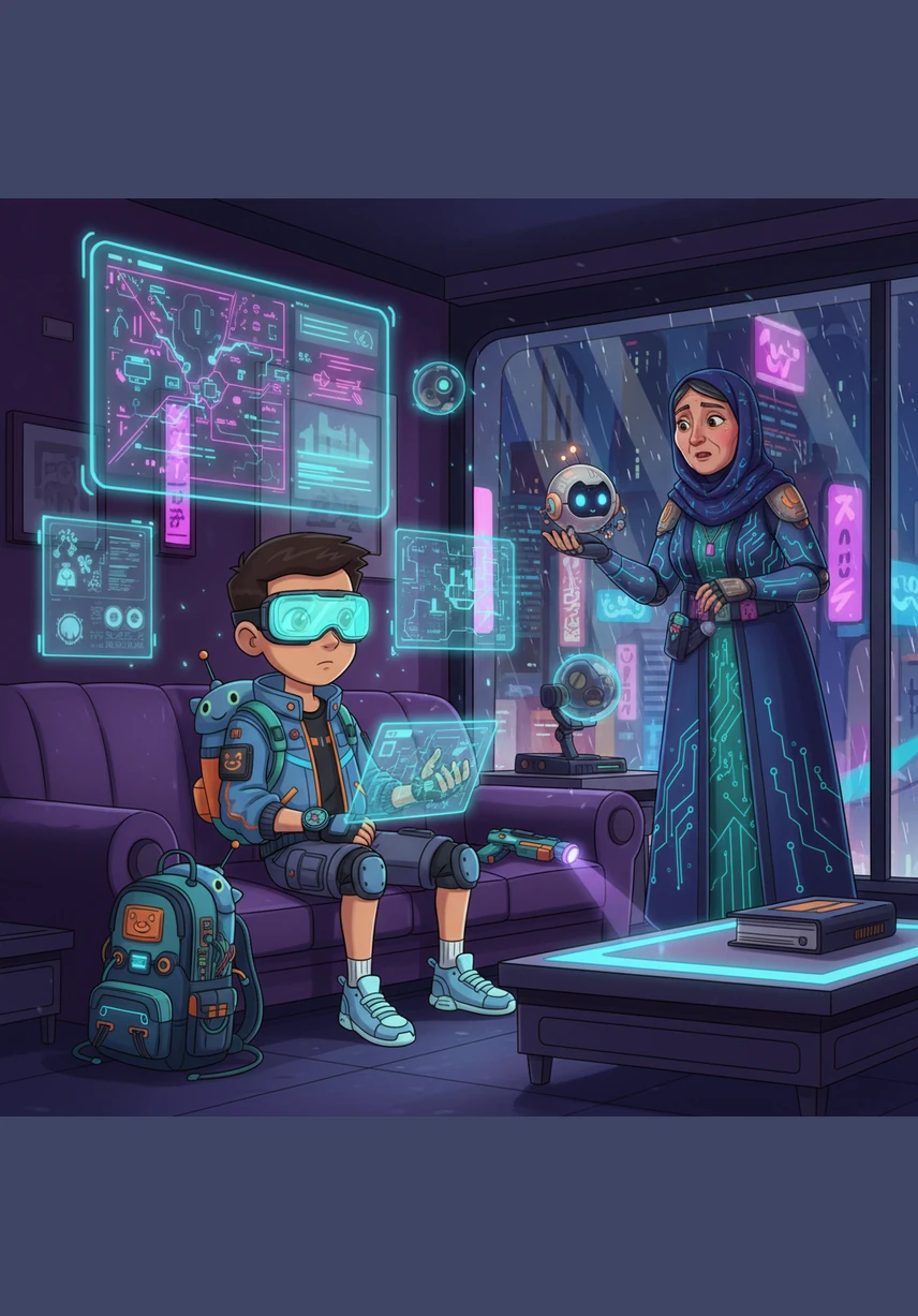 يجلس محمد على الأريكة في غرفة المعيشة ممسكاً بهاتفه، يغرق في عالم الألعاب الملونة بينما حقيبته المدرسية ملقاة على الأرض بجانبه. تبدو الواجبات المدرسية بعيدة عن تفكيره تماماً، وتركيزه كله منصب على الشاشة الساطعة بين يديه.