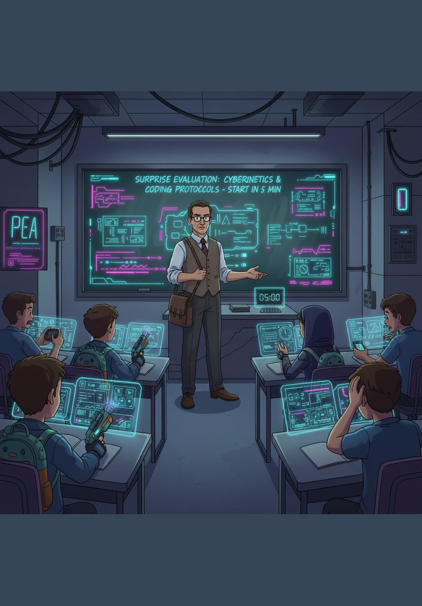 في صباح اليوم التالي، يقف المعلم أمام السبورة في الفصل ويعلن بجدية عن اختبار مفاجئ لجميع الطلاب. يشعر محمد ببرودة مفاجئة في أطرافه ويدق قلبه بسرعة كبيرة، فهو يدرك الآن أنه لم يفتح كتابه بالأمس ولم يستعد أبداً.