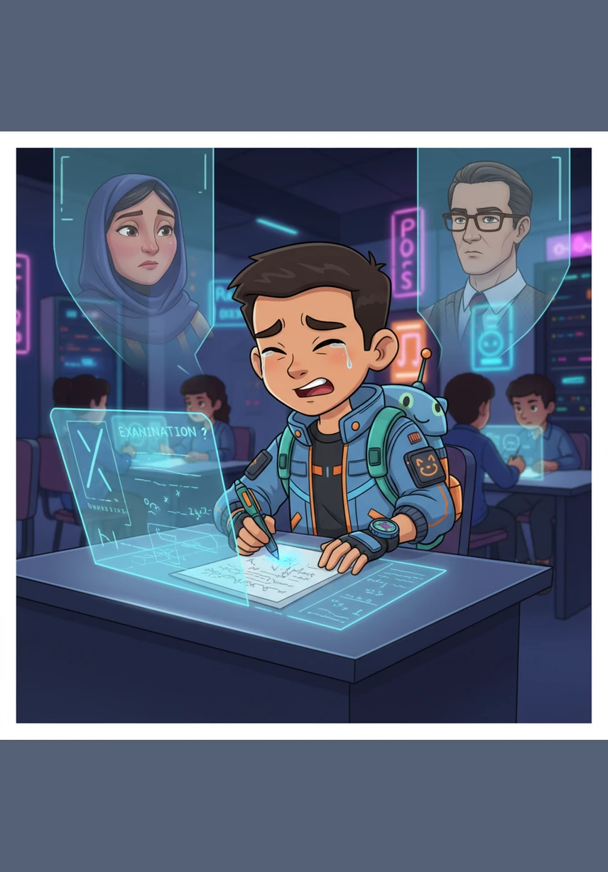 يمسك محمد بقلمه المرتجف، يحاول كتابة أي إجابة لكنه يمسحها مرة بعد أخرى لشعوره بعدم التأكد. يغلق عينيه بقوة محاولاً استرجاع الدروس، لكن الندم يبدأ بالتسلل إلى قلبه لأنه ضيع وقته الثمين في اللعب بدلاً من المذاكرة.