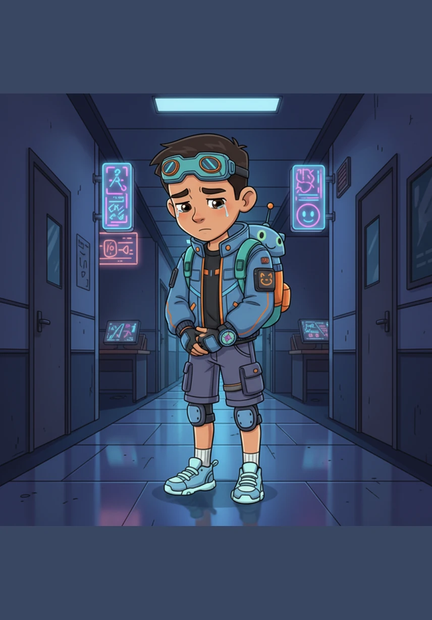 بعد انتهاء الاختبار، يخرج محمد من الفصل وهو يشعر بحزن عميق يثقل صدره ويجعل خطواته بطيئة. يمشي في ممر المدرسة مطأطأ الرأس، والدموع تكاد تفر من عينيه بسبب شعوره بالفشل والتقصير أمام نفسه وعائلته.