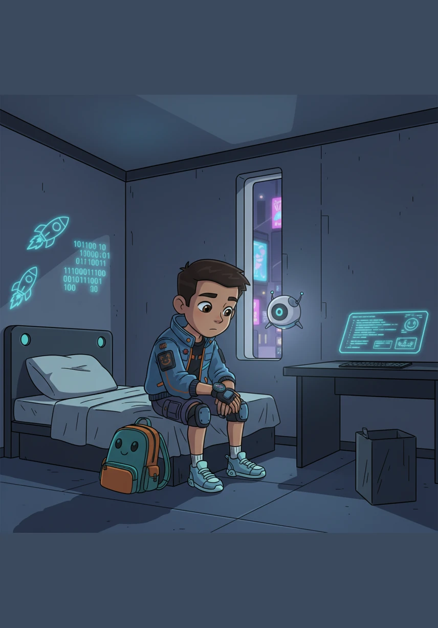 يعود محمد إلى غرفته الهادئة ويجلس على سريره يفكر بجدية فيما حدث معه اليوم. ينظر إلى هاتفه ثم إلى كتبه المدرسية المكدسة، ويدرك أن التأجيل هو عدوه الأول، ويقرر في داخله أن يغير طريقته حتى لا يكرر هذا الخطأ.