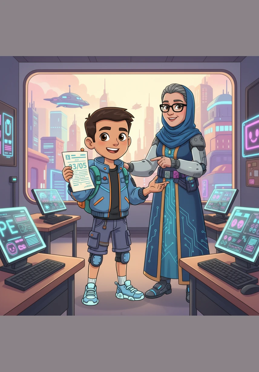 في الاختبار التالي، يقرأ محمد الأسئلة بابتسامة واسعة ويجيب بكل ثقة وهدوء لأن المعلومات حاضرة في ذهنه. يسلمه المعلم ورقة الاختبار وعليها علامة كاملة، فيشعر بفخر كبير وتغمره سعادة حقيقية لأنه تعلم أن النجاح يبدأ بخطوة صغيرة.