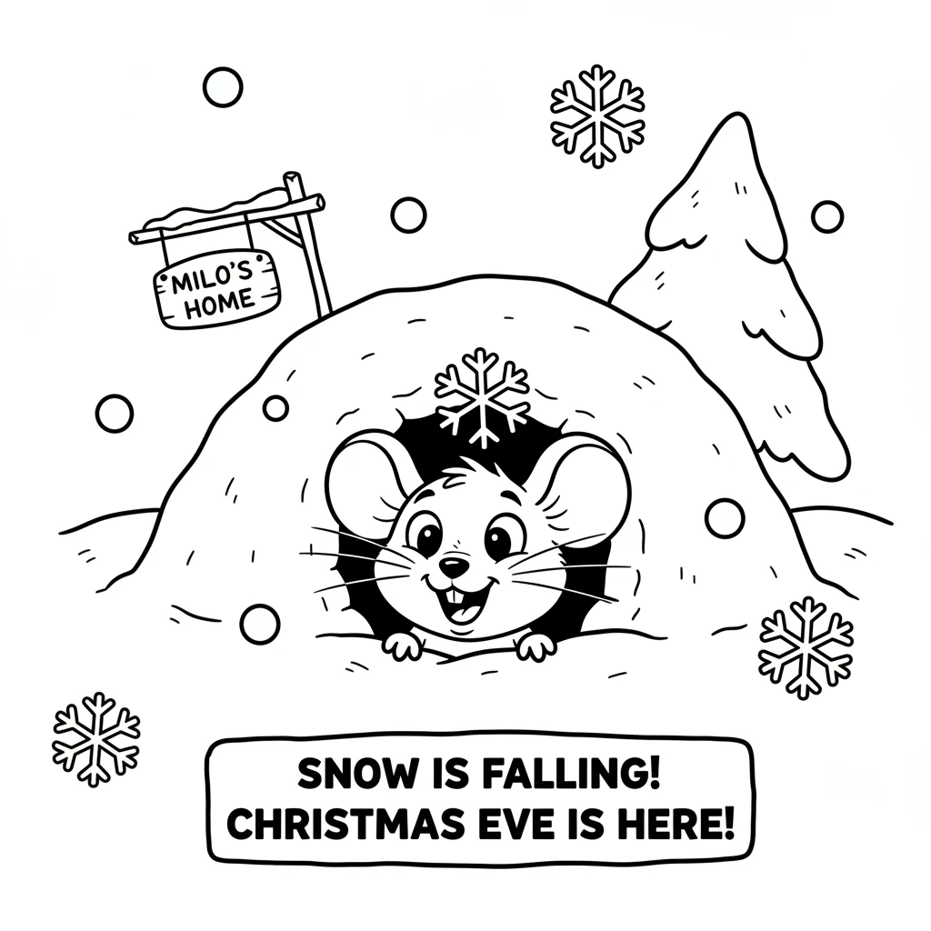 Milo, a tiny mouse, peeks out from his cozy burrow, a wide smile on his face. Snowflakes gently fall outside his little window, signaling that Christm
