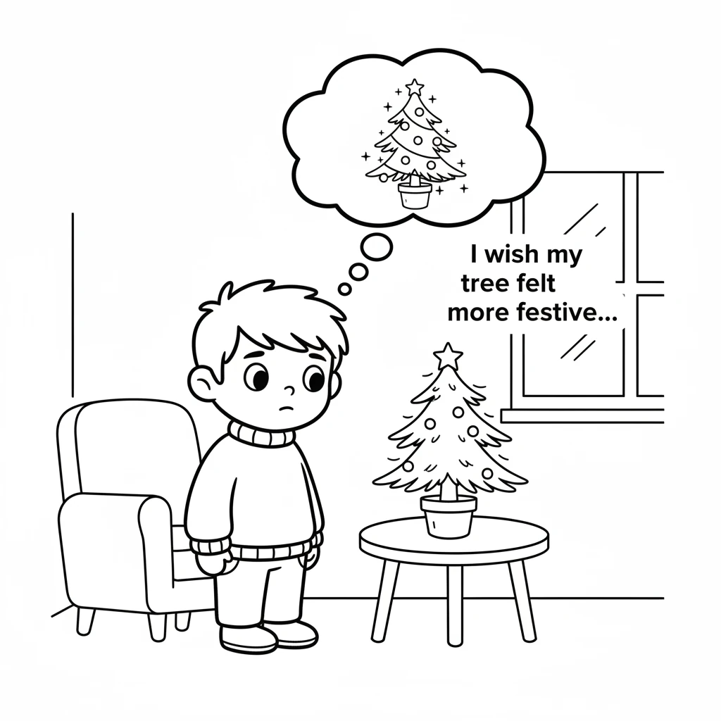 Inside his snug home, Milo looks at his small, plain Christmas tree. It's just a tiny evergreen branch in a little pot, without any sparkle or shine.