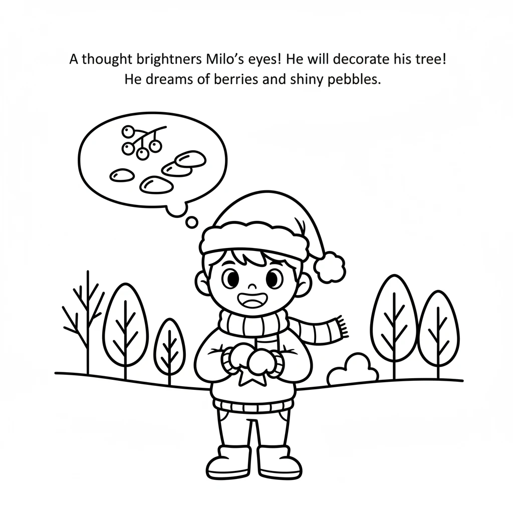 A thought brightens his eyes! Milo decides he can make his tree beautiful all by himself. He puts on his little scarf and mittens, ready to find speci