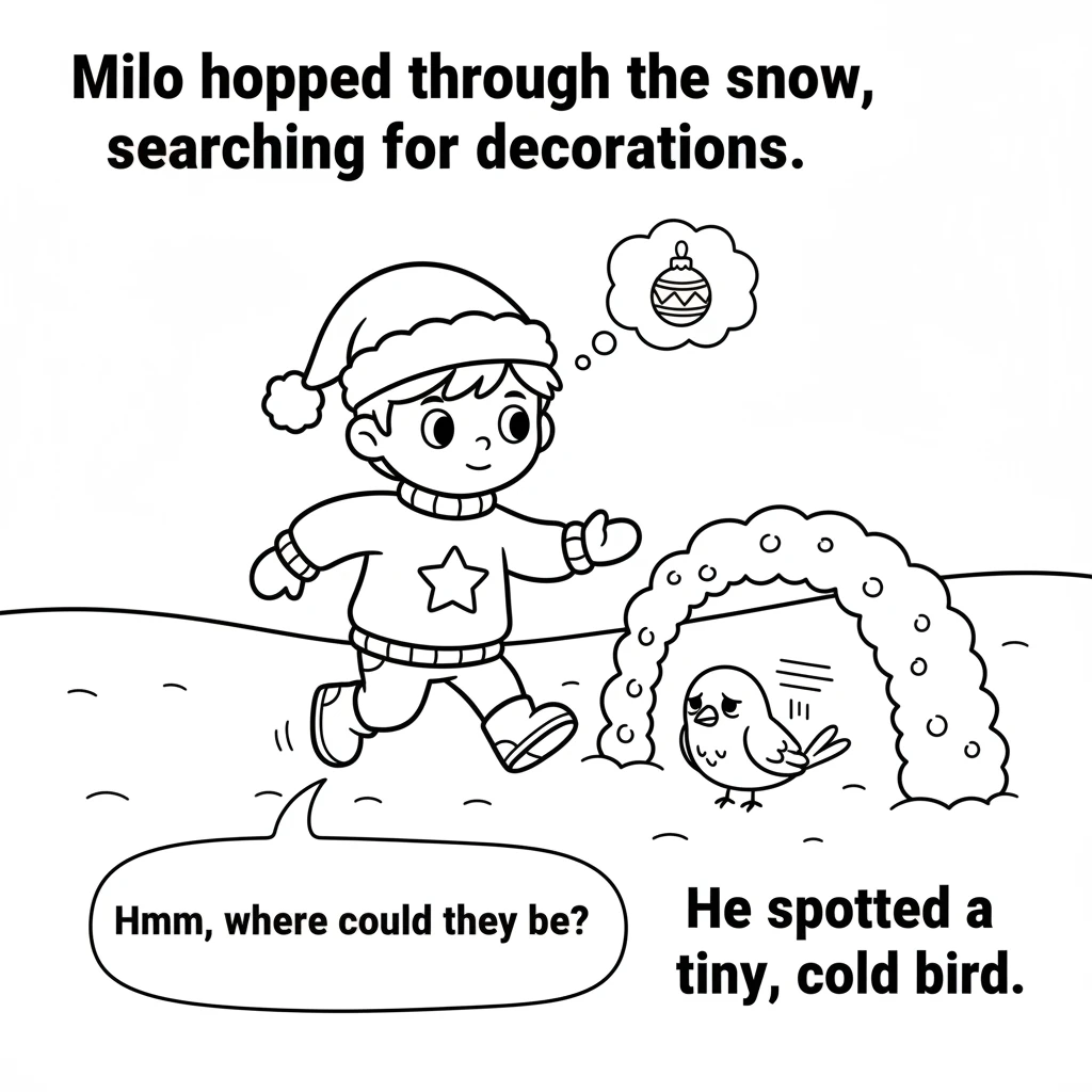 Outside, the world is covered in a soft blanket of white. Milo hops through the snow, looking for decorations. He then spots a small, lost bird huddle