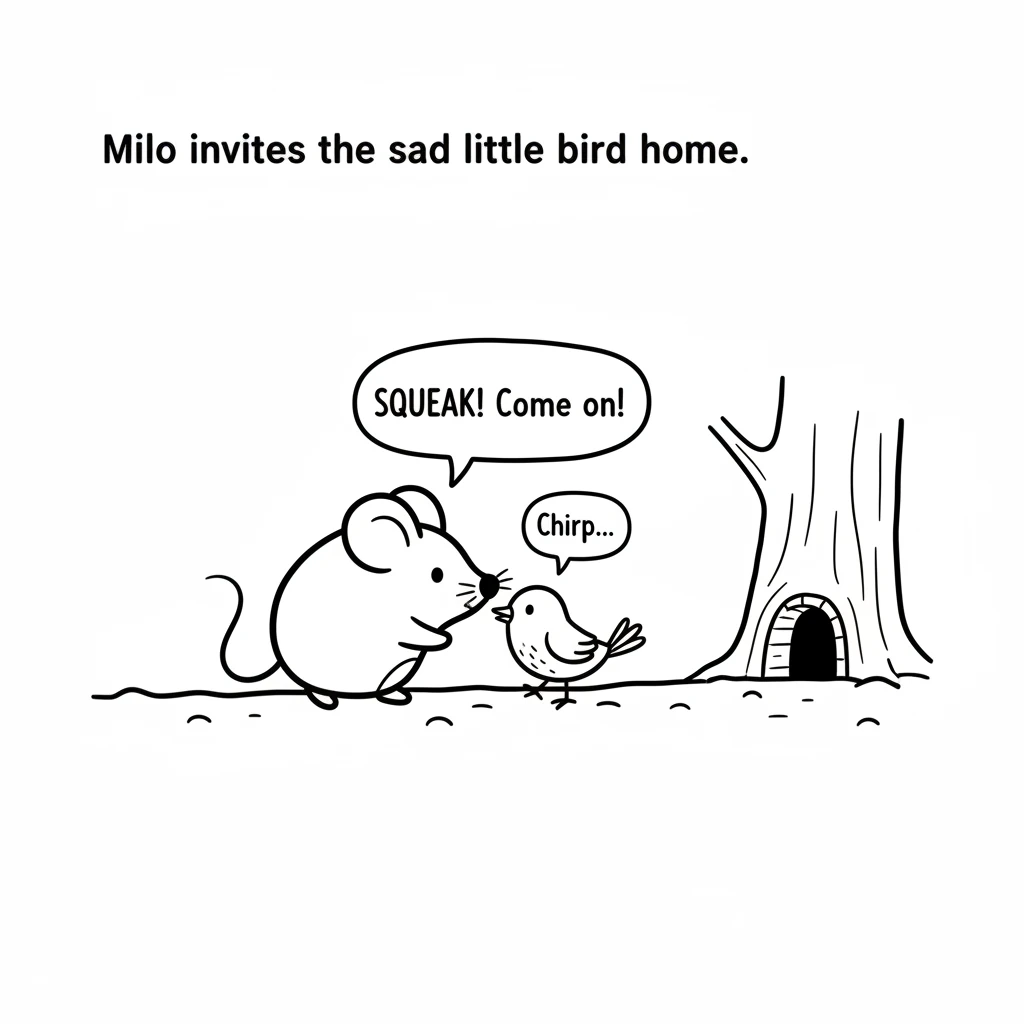 Milo's heart feels a pang of sadness for the little bird. He gently nudges the bird with his nose and squeaks softly, inviting it to come back to his