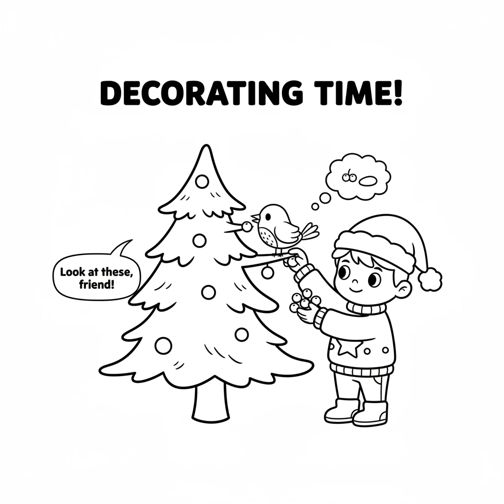 Milo remembers his mission to decorate the tree. He shows the bird the shiny red berries and smooth pebbles he found. Together, they carefully place e