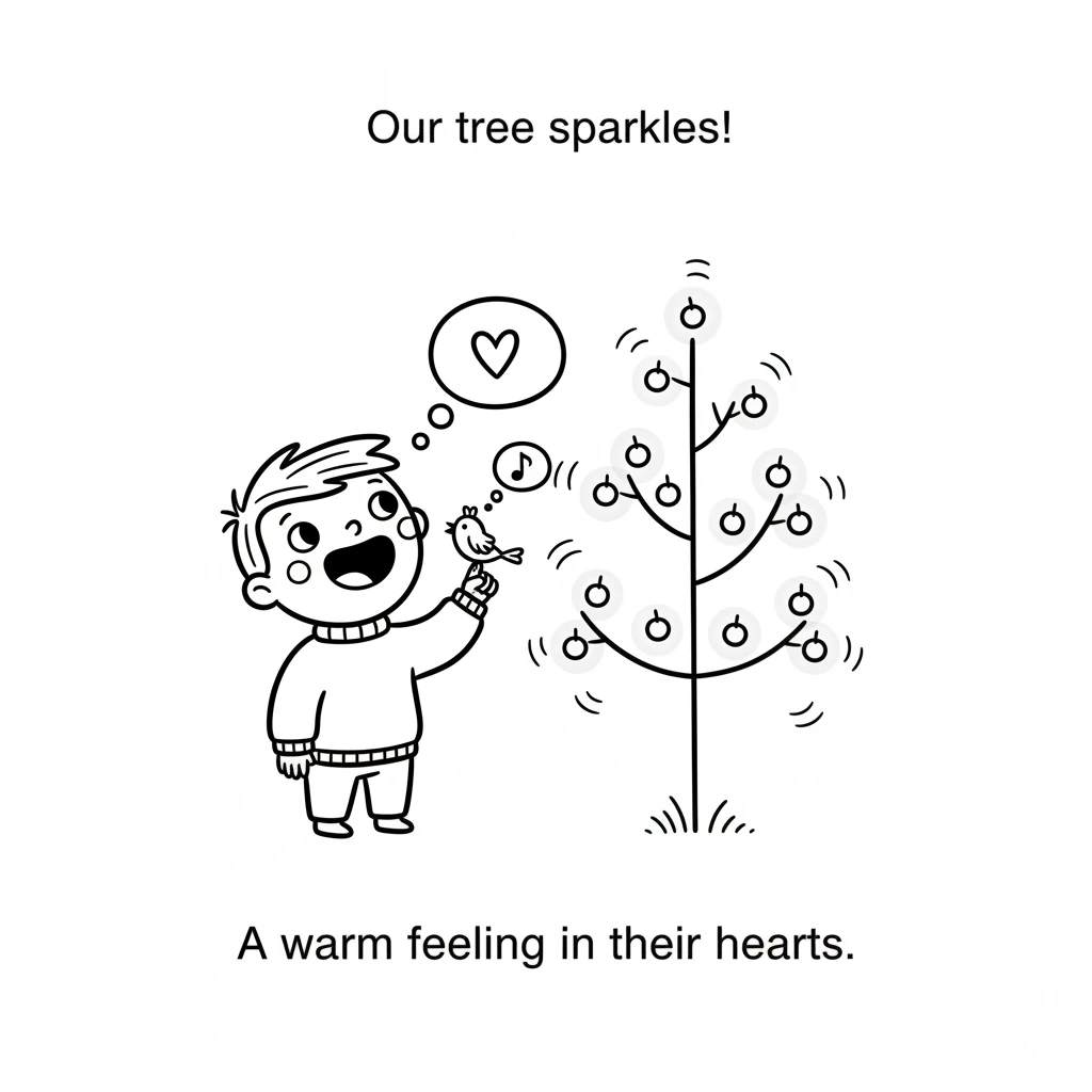 The little tree, once plain, now glows with the simple beauty of nature's gifts. Each berry and pebble catches the light, making the tree sparkle. Mil