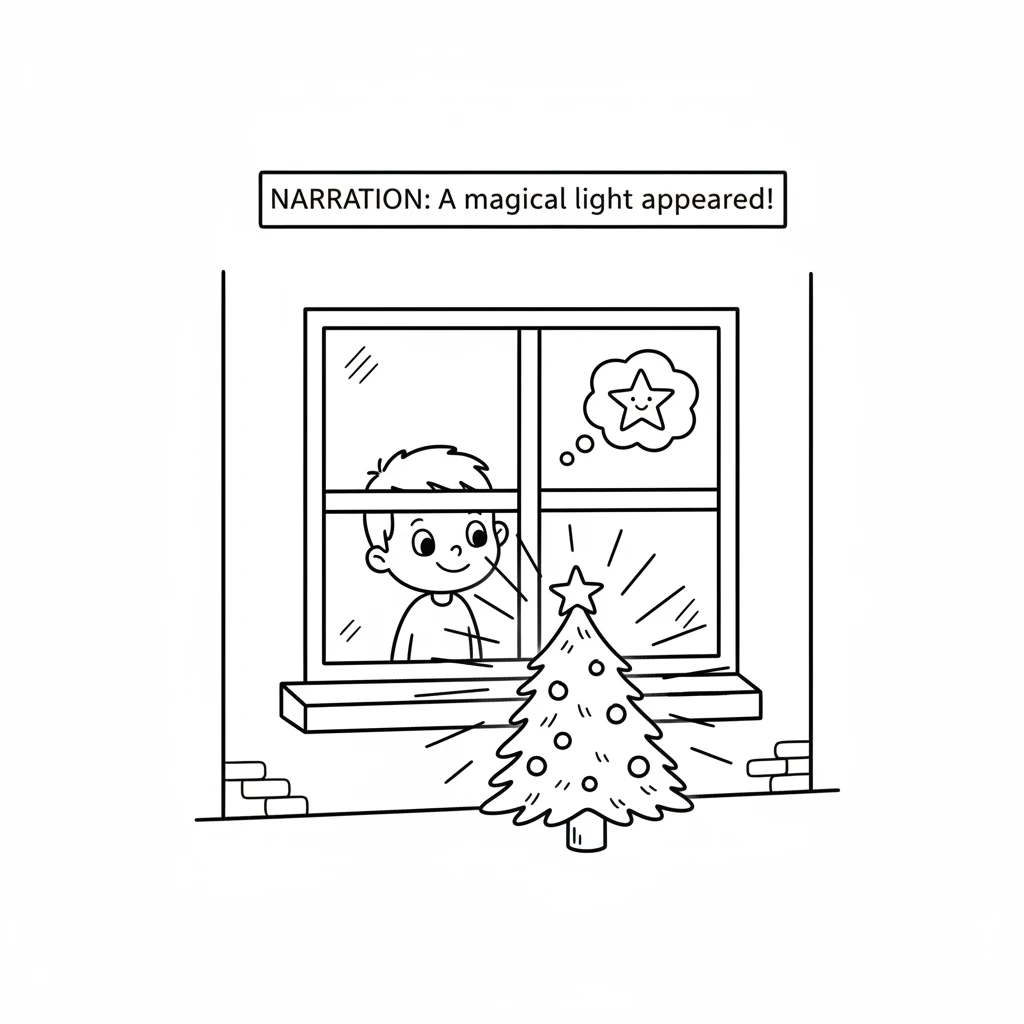 As night falls, a soft, magical light appears outside Milo's window, illuminating their little tree. It's as if the spirit of Christmas smiles upon th