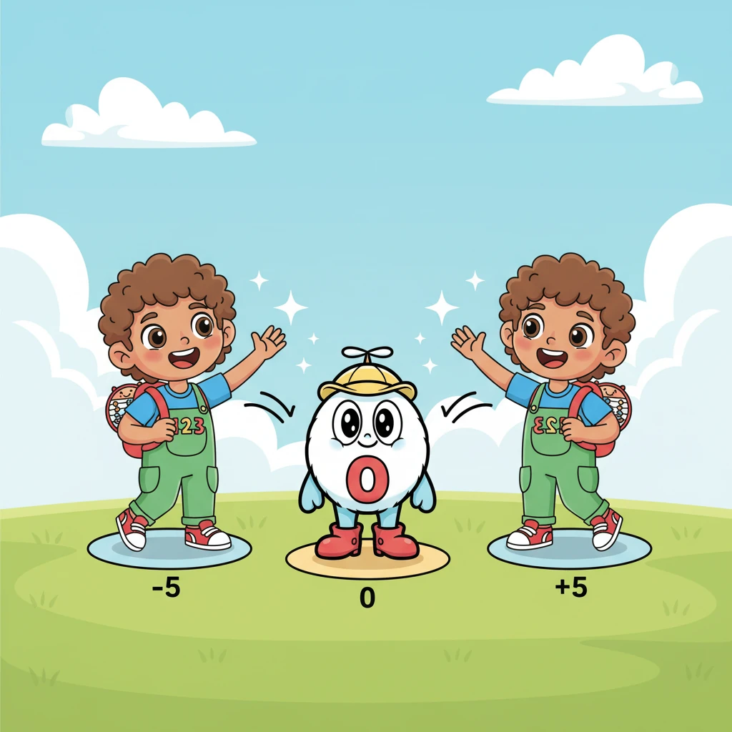 With a delightful pop and sparkle, Xavier magically split into two identical, joyful versions of himself! One Xavier stood proudly at +5, while the other equally happy Xavier stood at -5. Both waved to each other across Zero.