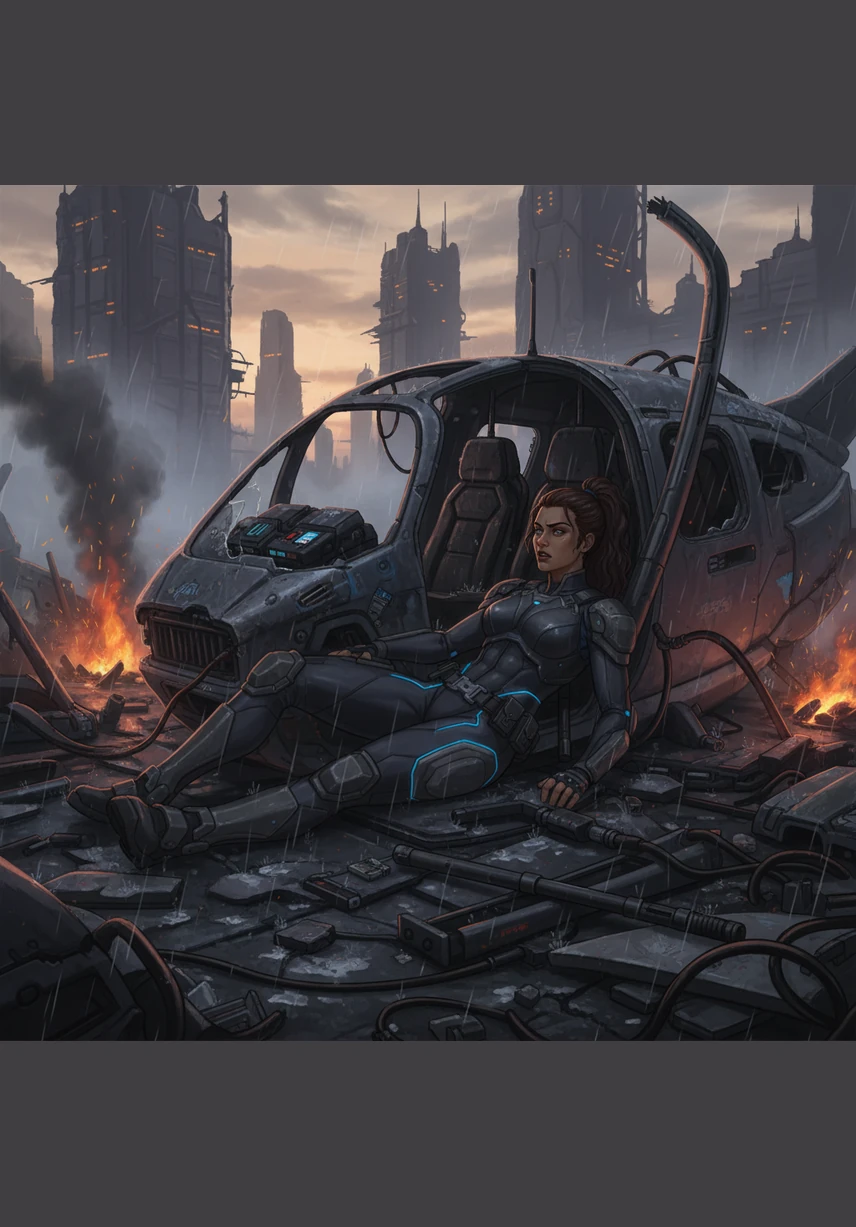 Maya wakes up amidst the twisted metal wreckage of a small aircraft, the biting mountain air stinging her lungs. Surrounded by jagged, snow-capped peaks and swirling mist, she realizes she is alone in a vast, unforgiving landscape. She takes a deep breath, fighting back panic as she surveys the silent, frozen world around her.