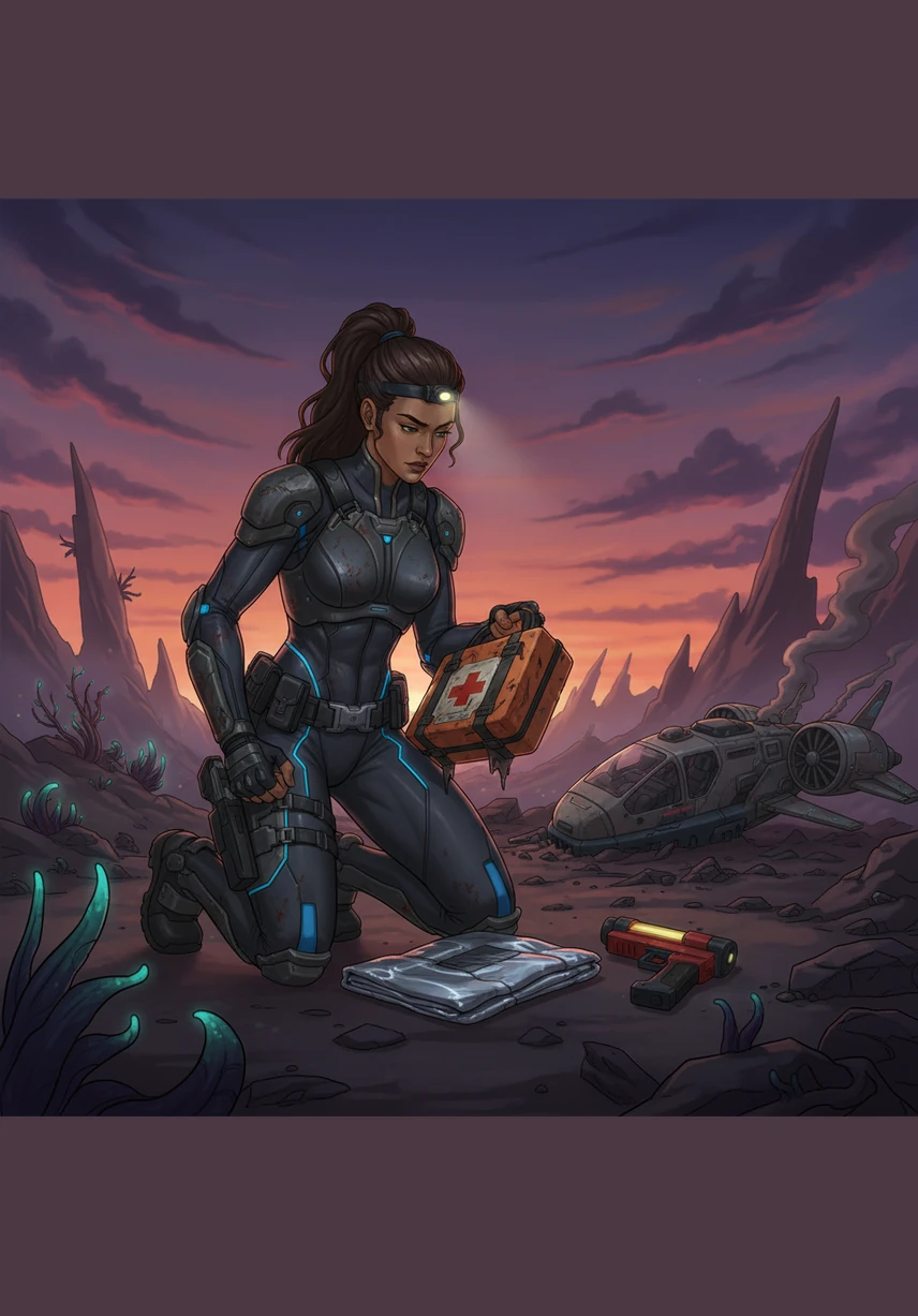 She salvages what she can from the debris, finding a tattered emergency kit, a thermal blanket, and a single flare gun. The sun begins to dip below the horizon, painting the sky in bruised purples and deep oranges. Every movement is slow and deliberate as she prepares for her first night in the wilderness.