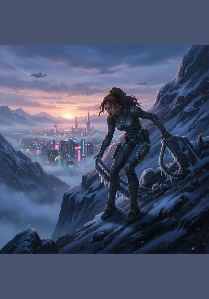 Dawn breaks over a world of blinding white, and Maya begins her treacherous descent down the steep mountain slopes. Every step is a calculated risk against the shifting snow and hidden ice. The thin, biting air makes her chest ache, but the sight of a distant valley keeps her moving forward.