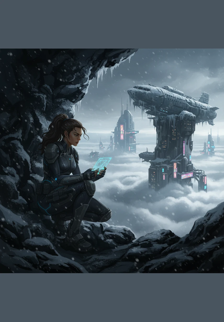 She discovers a frozen stream and uses a piece of metal to carefully melt ice for water over a small bundle of sticks. The silence of the high altitude is profound, broken only by the occasional crack of shifting glaciers. She drinks slowly, savoring the life-giving liquid while keeping a watchful eye on the horizon.