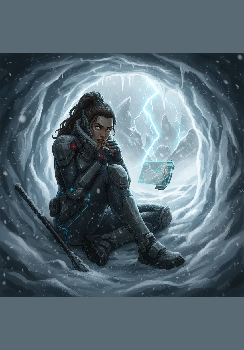 A sudden, violent blizzard sweeps through the valley, reducing visibility to a few feet and forcing Maya to dig a makeshift snow cave. Huddled inside the cramped, blue-tinted space, she listens to the terrifying roar of the storm outside. She clenches her jaw, refusing to let the cold consume her spirit.