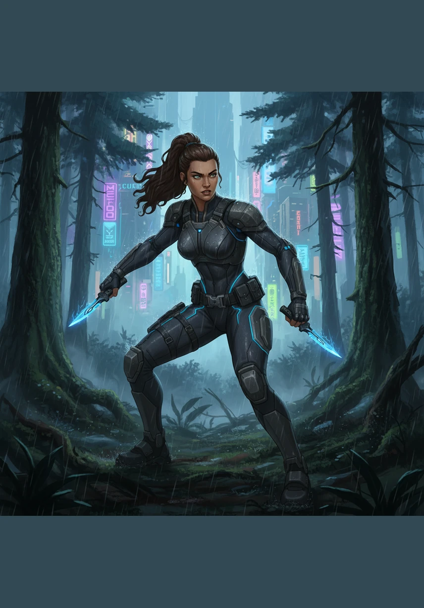 Maya reaches a dense evergreen forest where the air is slightly warmer but the terrain is a maze of fallen trees and deep shadows. She uses her knife to mark her path on the bark of ancient pines, determined not to lose her sense of direction. The scent of pine needles and damp earth fills her senses, offering a strange comfort.
