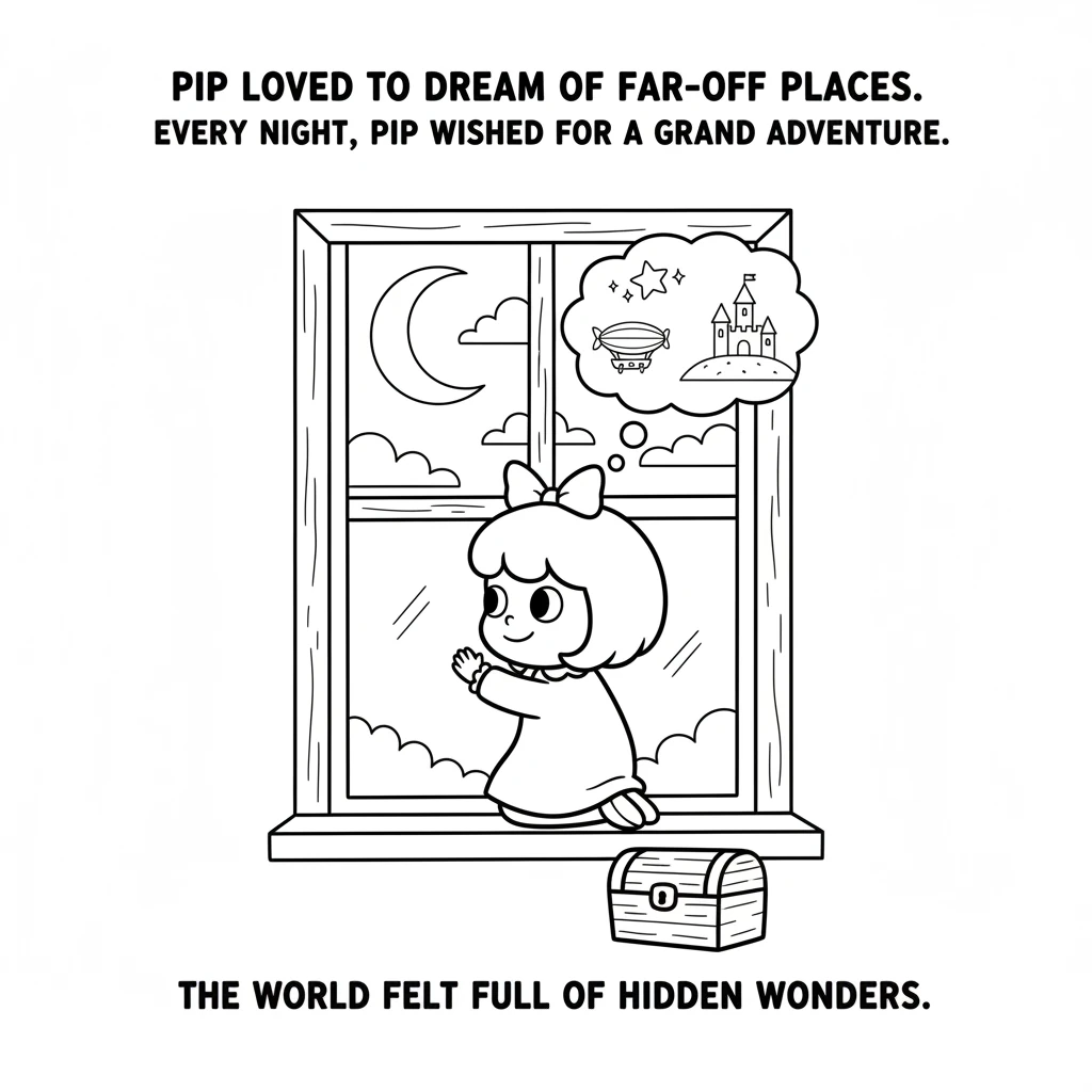 Pip loved to dream of far-off places and sparkling magic. Every night, Pip wished for a grand adventure to begin right outside the window. The world f
