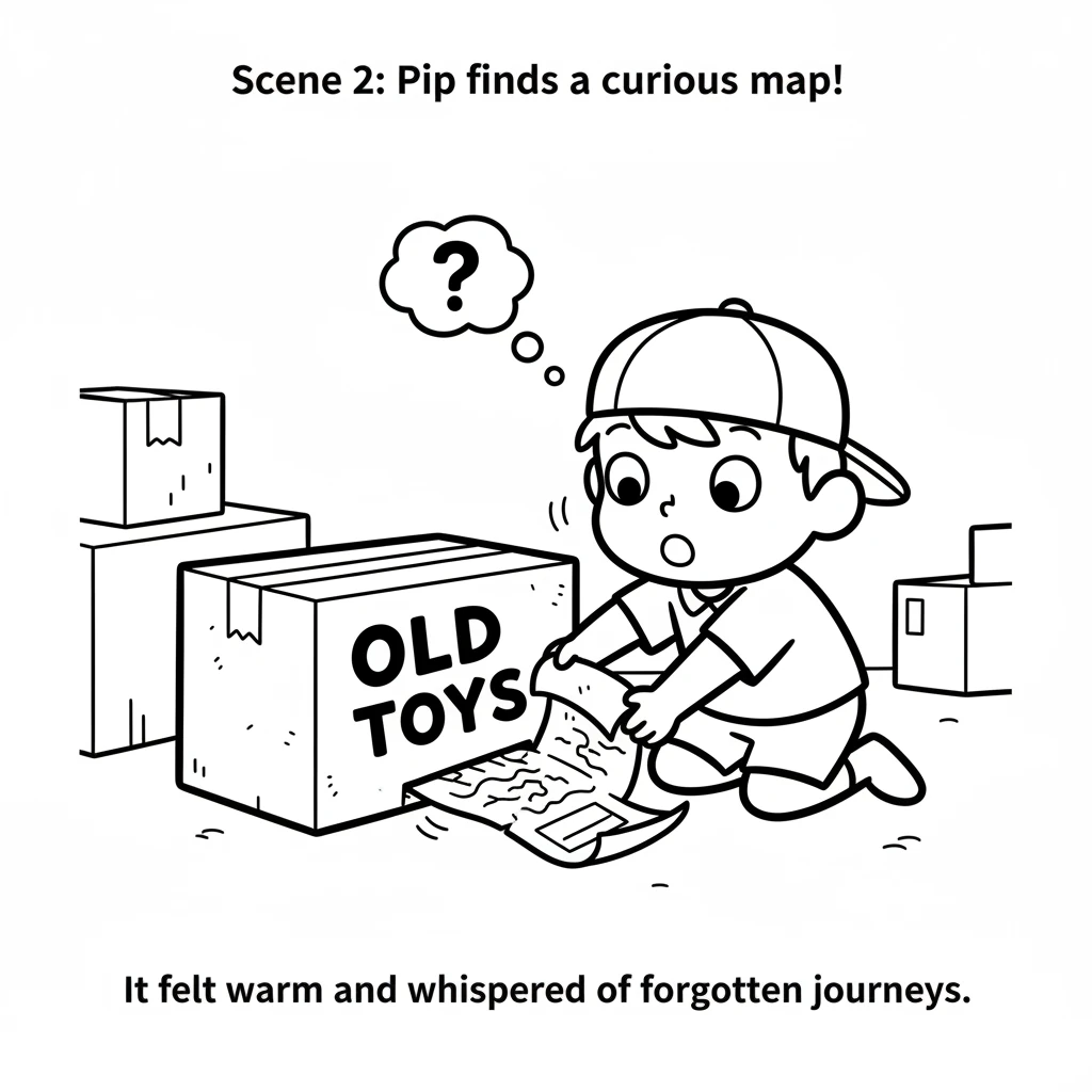 One sunny morning, while tidying up, Pip found something special. Tucked away under a dusty old box was a curious, rolled-up map. It felt warm and whi