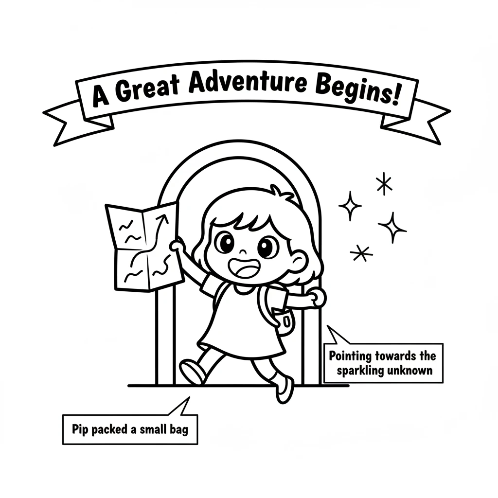 With a happy skip, Pip packed a small bag and bravely stepped outside. The map felt sturdy in Pip's hand, pointing towards the sparkling unknown. A gr