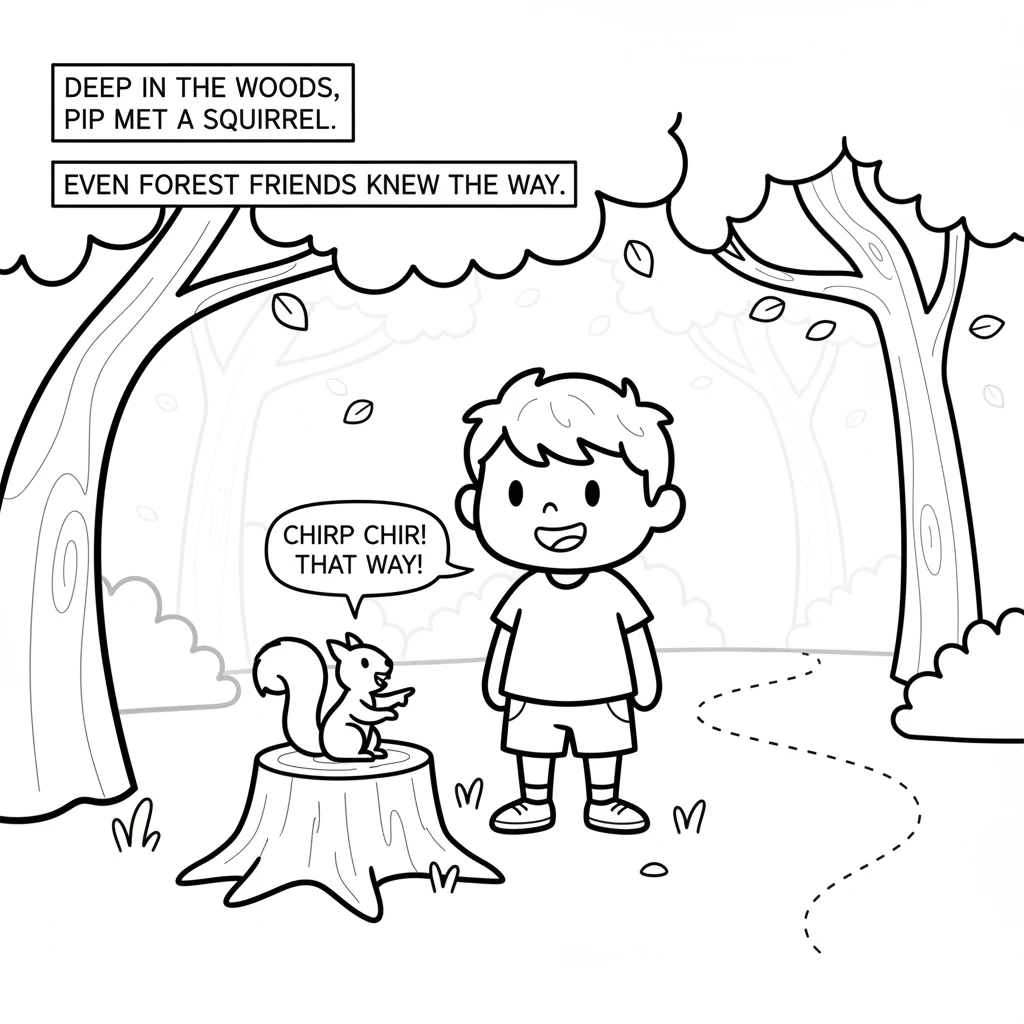 Deep in the whispering woods, Pip met a busy little squirrel. The squirrel chattered happily, pointing a tiny paw further along the path. It seemed ev