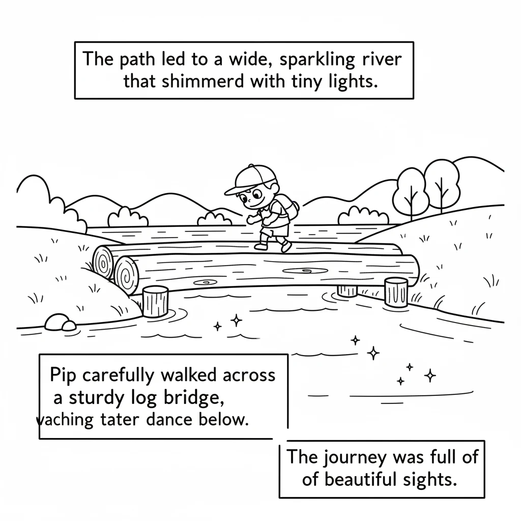 The path led to a wide, sparkling river that shimmered with tiny lights. Pip carefully walked across a sturdy log bridge, watching the water dance bel