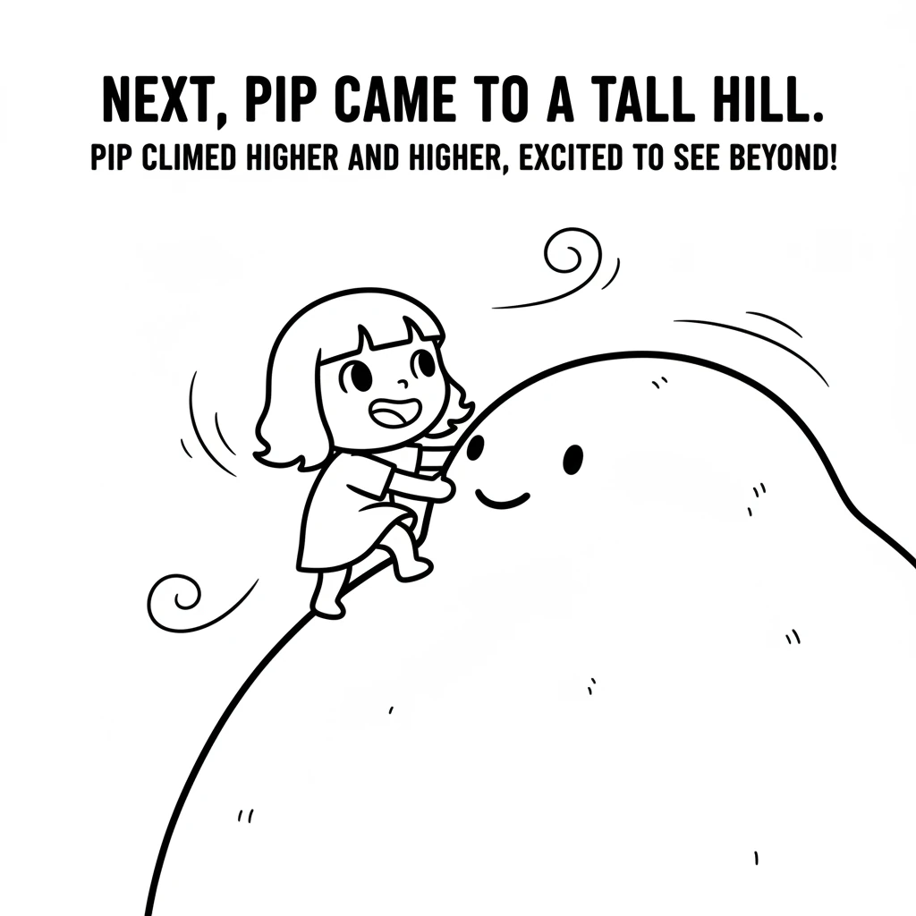 Next, Pip came to a tall, green hill that looked like a friendly giant. With determined steps, Pip climbed higher and higher, excited to see what lay