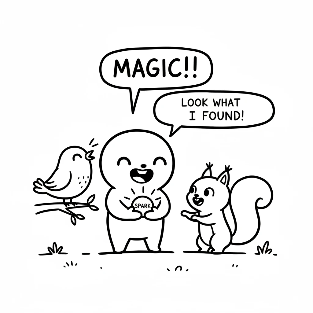 Pip carefully picked up the glowing spark, feeling its gentle warmth. Rushing back, Pip shared the magic with the chattering squirrel and a cheerful l