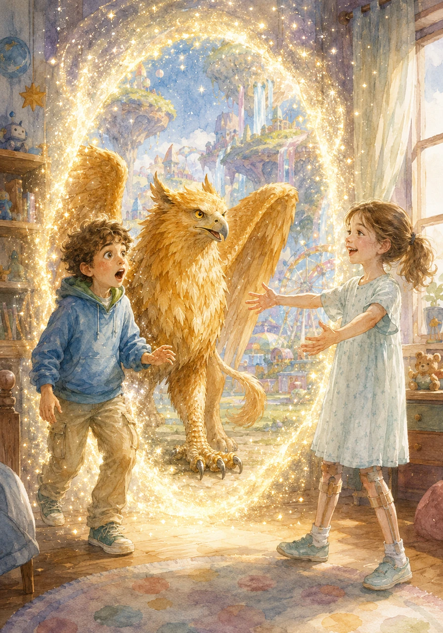 All'improvviso, un portale fatto di polvere di stelle si apre al centro della stanza e i suoi amici più cari entrano uno dopo l'altro, restando a bocca aperta per lo stupore. Virginia li accoglie con un grande sorriso radioso, pronta a guidarli in questo parco giochi magico nato dalla sua mente.