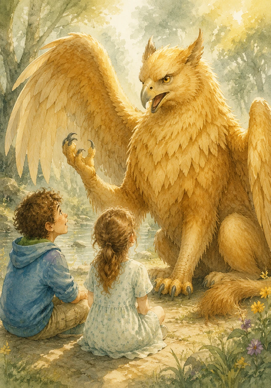 Un maestoso grifone dalle piume dorate atterra dolcemente accanto ai bambini, iniziando a raccontare una storia antica con voce profonda. Spiega loro che la vera forza non risiede nei muscoli, ma nella volontà di non arrendersi mai, proprio come quando lui imparò a volare controvento con le ali stanche.