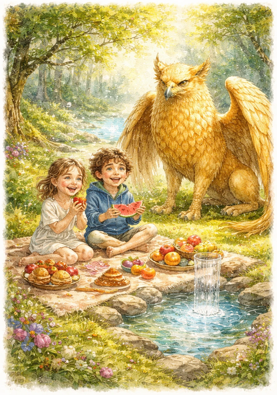 Gli amici si siedono insieme per un picnic magico su una radura di velluto, dove i frutti sanno di pura felicità e l'acqua della fonte brilla come mille diamanti. In questo spazio speciale creato da Virginia, la malattia non ha potere e il legame dell'amicizia diventa il gioco più prezioso di tutti.